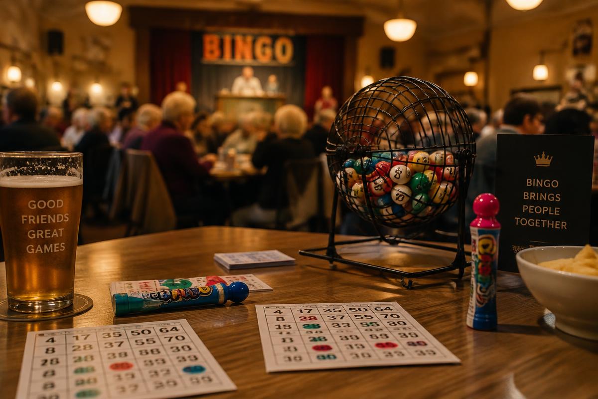 Bingo cards, dabbers and a bingo ball cage on a club table